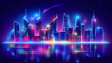 Fototapeta premium Futuristic neon cityscape reflected in water at night.