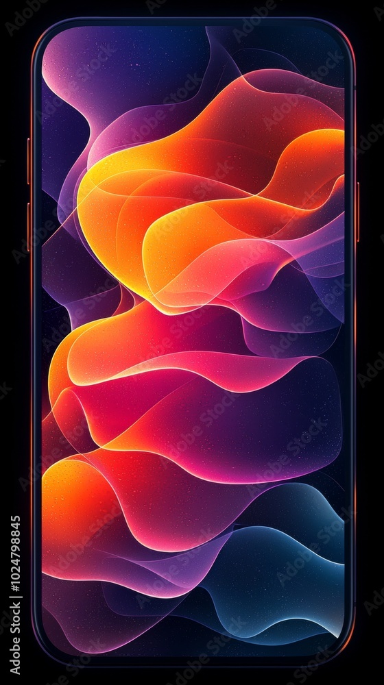 Poster smartphone with thin rounded corners displaying an abstract background with colorful waves is standi