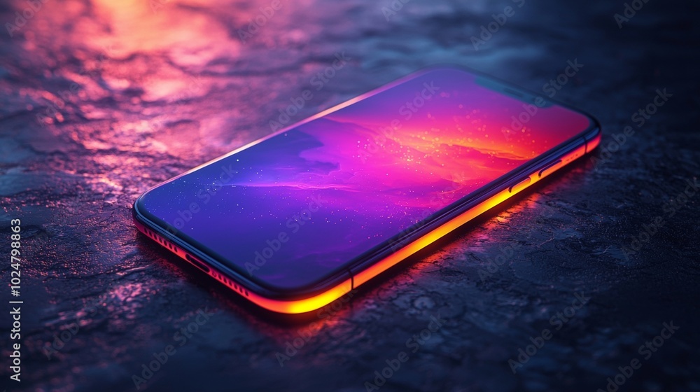 Poster modern smartphone with rounded edges displaying a vibrant abstract image rests on a surface, emittin