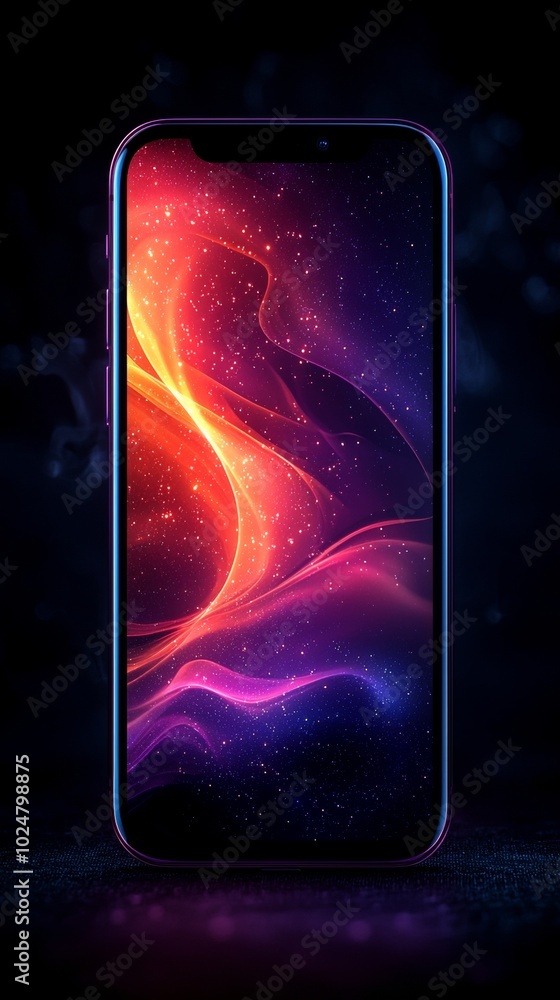 Poster smartphone is standing up and showing an abstract background design with colorful waves on its displ