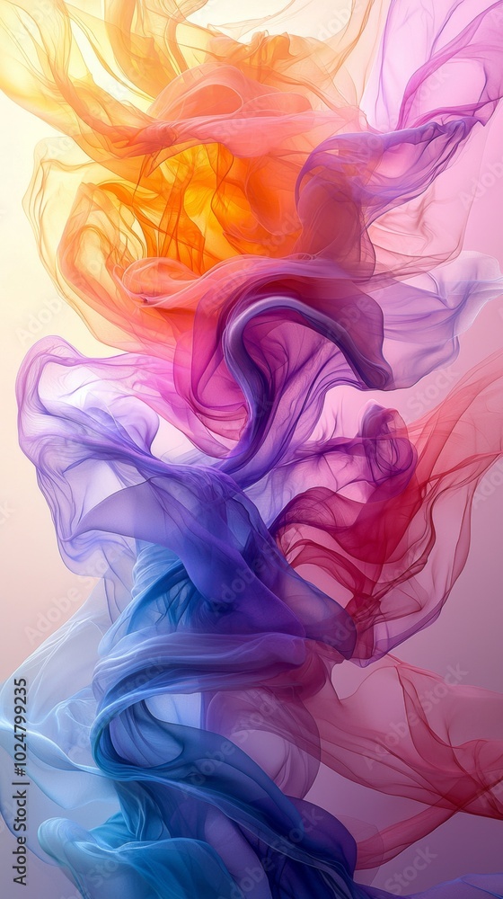 Poster Mesmerizing abstract background with colorful transparent fabric forming shapes, capturing flowing movement and textured patterns. Delicate, soft fabric in rainbow hues adds vibrancy and life