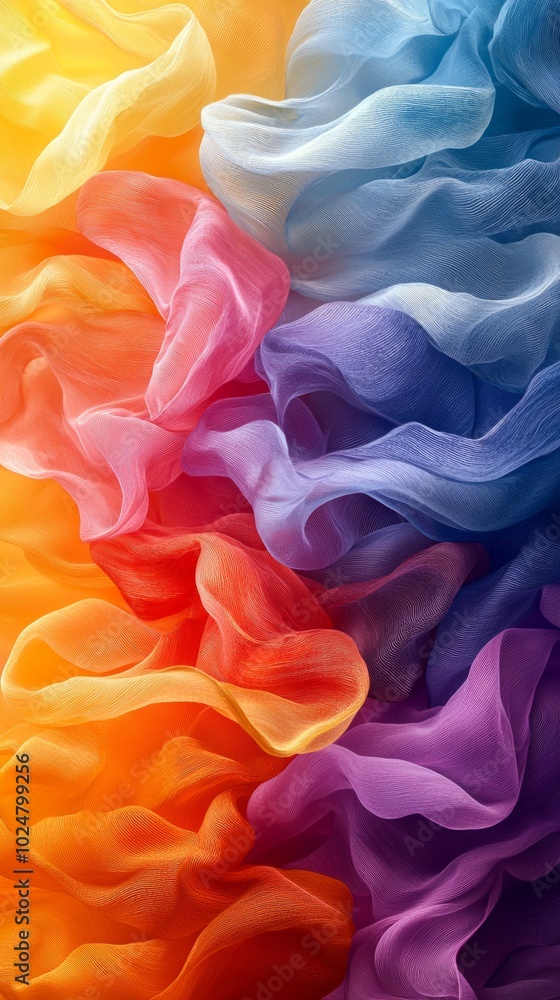 Poster colorful fabric flowing in the wind. creating a vibrant and dynamic composition. soft texture adds a