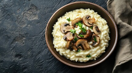 A mouthwatering image of risotto with mushrooms in a rustic brown plate, placed on a dark slate background, capturing the dish's inviting appearance while providing ample copy space for menus or ads.