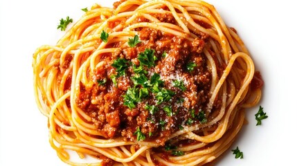 A mouthwatering image of spaghetti drizzled with rich Bolognese sauce, garnished with parsley, captured from above on a white background, emphasizing the dish's deliciousness and presentation. -