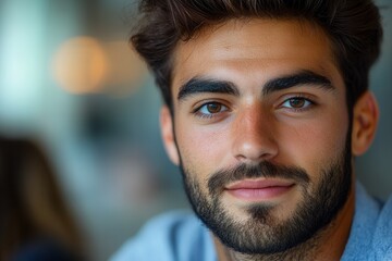 Obraz premium A close-up shot of a young man with strong facial features and deep brown eyes, staring intensely ahead with a confident expression, signifying focus and determination.