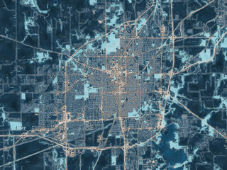 Painterly Style City Map of Springfield Illinois, USA in a Blue Color Scheme.