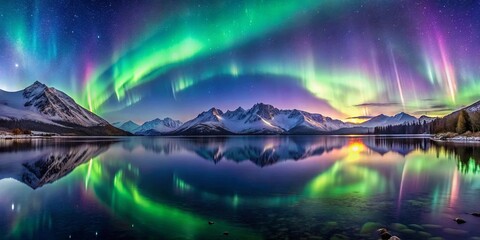 A celestial tapestry woven across the serene water's surface, reflecting the luminous dance of aurora borealis against a backdrop of snow-capped peaks