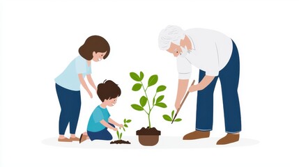 Elderly Couple Gardening with Grandchildren Together