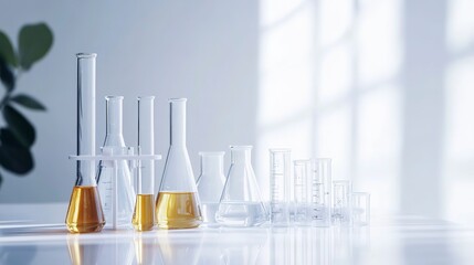 Test tubes and Glass Beaker and Flasks on a clean  White Surface with Green Background