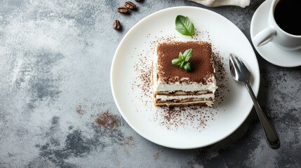 A mouthwatering Tiramisu with layers of mascarpone cream and biscuits served on a white plate, alongside a freshly brewed cup of coffee, creating a delightful Italian dessert setting on gray concrete.