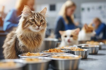 Several cats are gathered around bowls of food in a shelter setting. Their playful surroundings include caregivers tending to them, creating a welcoming atmosphere for the animals while they enjoy the