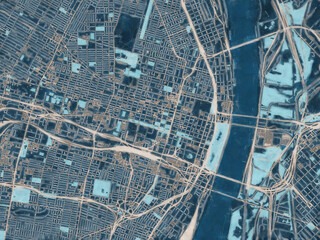 Painterly Style City Map of St. Louis Center Missouri, USA in a Blue Color Scheme.