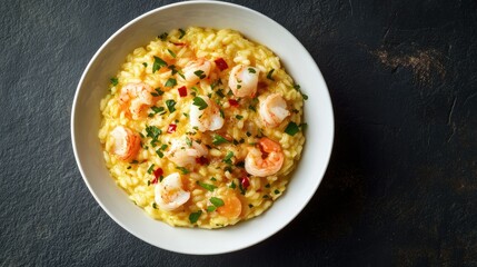 A mouthwatering top-down view of saffron-infused risotto, elegantly garnished with seafood and herbs, served in a white bowl on a dark slate surface, creating a striking visual contrast.