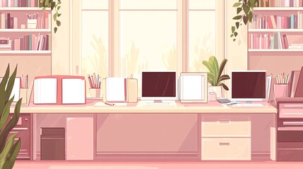 Fototapeta premium Modern office interior with two desks, computers, bookshelves, and plants.