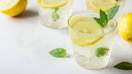 Fototapeta premium Refreshing lemonade drink with mint leaves and lemon slices served in a clear glass on a light background