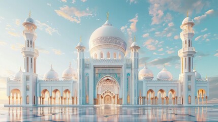Breathtaking image of a grand ornately designed mosque with towering minarets intricate domes and elegant architectural features reflected in the serene tranquil waters surrounding it