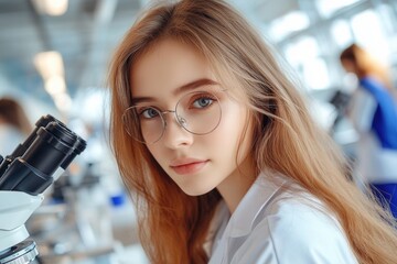 A young woman with long hair and glasses focuses on a microscope while wearing a lab coat in a well lit laboratory.