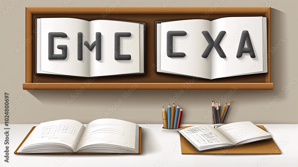Poster open books with alphabet letters on a shelf and two open books and pencils on a desk.