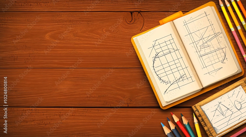 Poster open notebook with pencil drawing on a wooden table with colored pencils and a blank notepad.