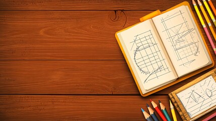 Open notebook with pencil drawing on a wooden table with colored pencils and a blank notepad.