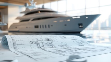 Marine Engineering Yacht Blueprint in Office Setting