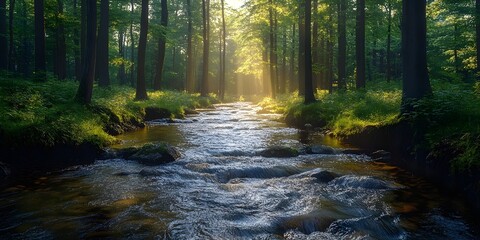Obraz premium Sunlight streams through a dense forest, illuminating a clear stream that flows through the green landscape.