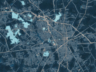 Painterly Style City Map of Sumter South Carolina, USA in a Blue Color Scheme.