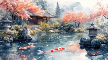 Fototapeta premium Serene Japanese Garden with Koi Fish
