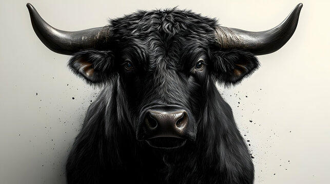 A close-up of a powerful black bull with prominent horns.