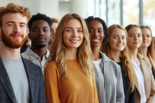 A diverse and smiling group of individuals, featuring various nationalities and genders, stands together in a bright, sunlit office lobby, exuding a sense of unity, optimism, and teamwork.