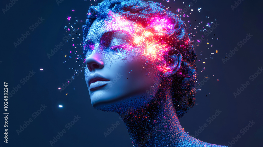 Poster a serene digital face disintegrating into an explosion of particles, illustrating a complex blend of