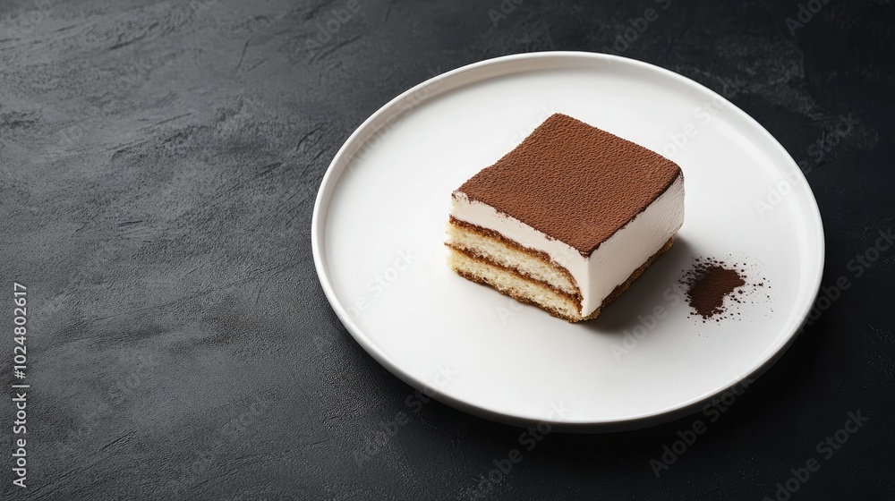 Wall mural a slice of tiramisu on a simple white plate, elegantly arranged on a dark background, with generous 