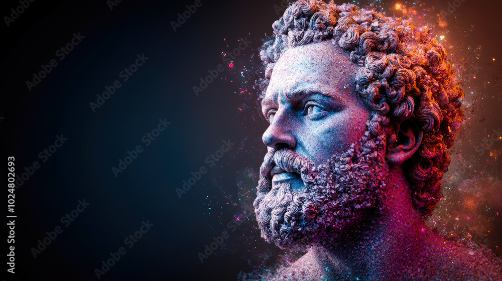 Poster a roman-inspired bust morphing with pixels and colors, signifying the dynamic fusion of classical an