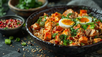 japanese ramen with chicken, green vegetables and eggs in black plate on dark wooden background. Top view. Flat lay. Japanese food concept. Free space for text. High quality photo.