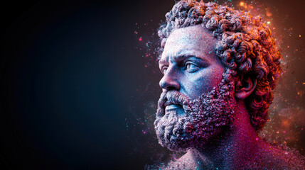 A Roman-inspired bust morphing with pixels and colors, signifying the dynamic fusion of classical and digital artistry.