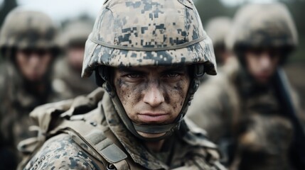Obraz premium Close-up of a soldier in camouflage uniform and helmet with a serious expression, face partially covered in camouflage paint. Background shows other soldiers out of focus.