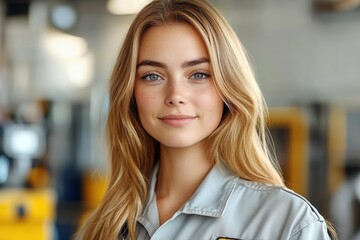 Fototapeta premium A young woman with flowing hair smiles warmly, standing confidently in work attire. The industrial background accentuates her professionalism and amiable demeanor, in soft luminous light.