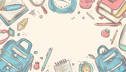 Back to school, contains educational items like bag, watercolor, etc. on patterned background with empty space for text