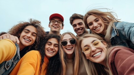 Group of seven diverse young adults smiling together outdoors, looking down at camera with cheerful expressions and casual attire in bright daylight. - Powered by Adobe