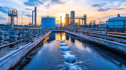 Fototapeta premium A complex transmission and distribution system at a modern water plant, featuring interconnected pipelines and large storage tanks under a bright sky