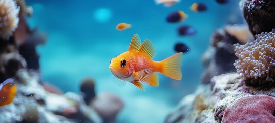 Obraz premium Vibrant Orange Lyretail Anthias Fish Swimming in Coral Reef Aquarium, Tropical Underwater Scene