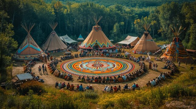 Indigenous Peoples' Day. A panoramic view of a powwow gathering, with the colorful dance circle surrounded by tents, tipis, and onlookers, creating a festive and inclusive atmosphere. - Powered by Adobe