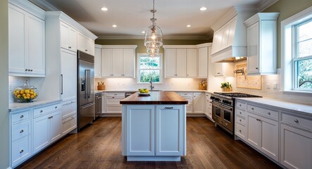 Bright kitchen with white cabinets stainless steel appliances and a large island in the center