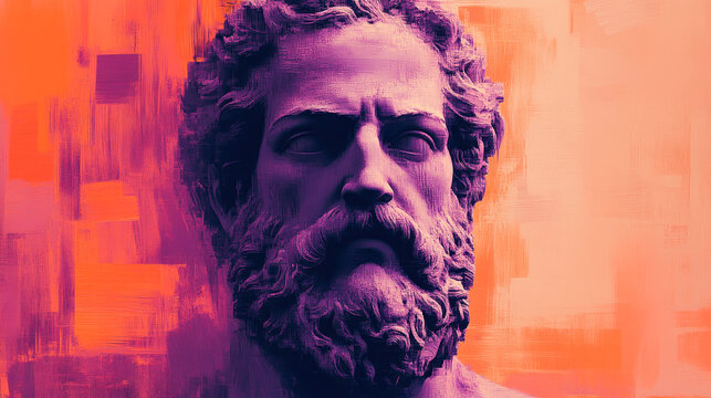 A vibrant classical bust with an orange textured background, showcasing depth and historical essence amid modern art flair.