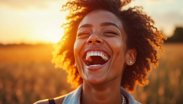 Woman laughing joyfully at sunset in wheat field