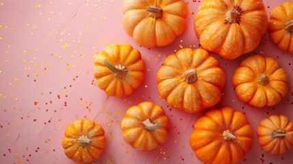 Thanksgiving and Harvest Festival. A group of golden pumpkins on a pink background with gold confetti in a flat lay. A web banner with copy space