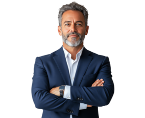 Confident businessman in a tailored suit standing with arms crossed against a plain backdrop