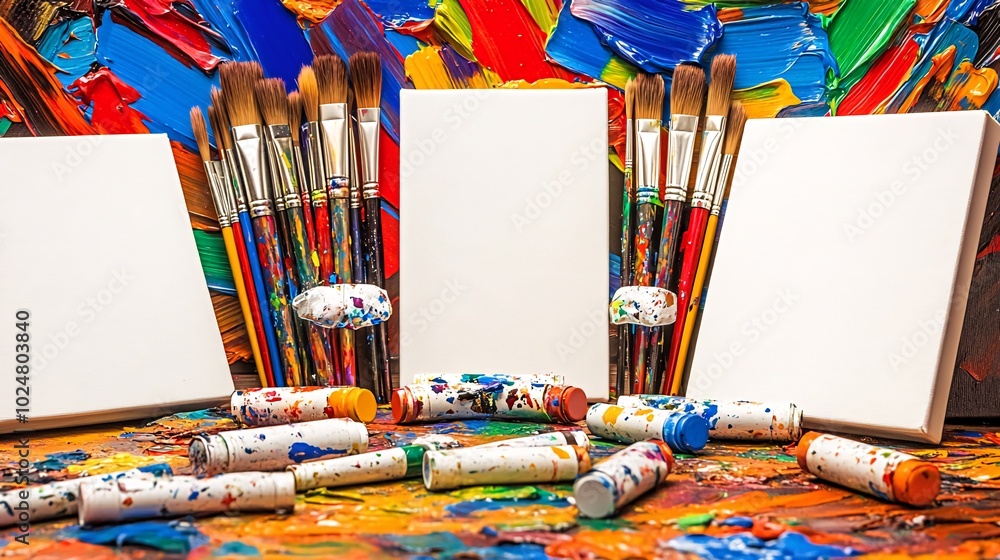 Poster three blank canvases with paint brushes and tubes of paint in front of a colorful abstract backgroun