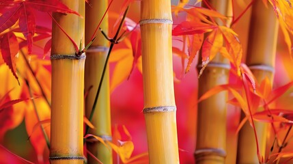 Experience the serene beauty of bamboo surrounded by a tapestry of colorful autumn leaves creating...