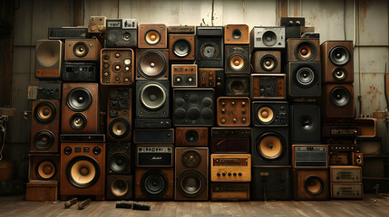 Obraz premium A vintage collection of various speakers arranged on a wall.